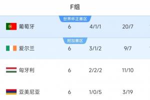 神剧情！F组最终积分榜：葡萄牙出线，爱尔兰附加赛，匈牙利出局