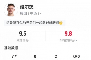 熟悉的配方！维尔茨数据：6关键传球2助攻传球成功率94.6%评分9.3